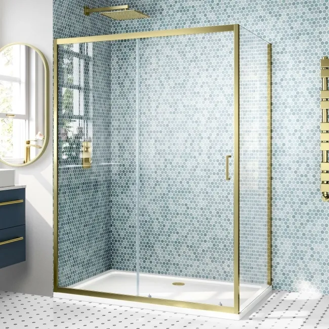 London Brushed Brass 6mm Sliding Shower Enclosure 1400x800mm