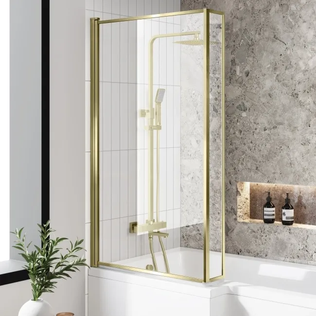 Zurich Easy Clean Brushed Brass L Shaped Bath Screen - 800mm
