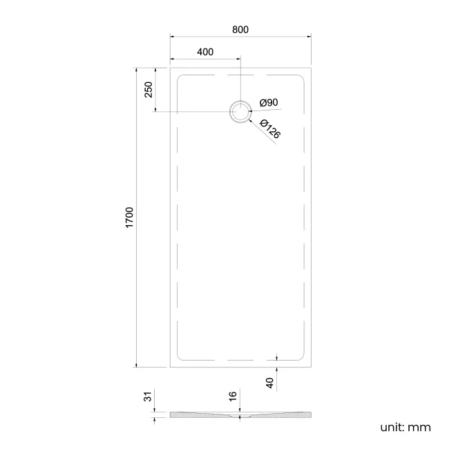 Seoul Low Profile Rectangular Matt White Stone Shower Tray 1700x800mm