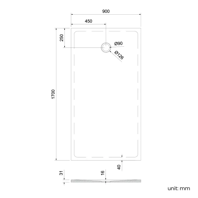 Seoul Low Profile Rectangular Matt White Stone Shower Tray 1700x900mm