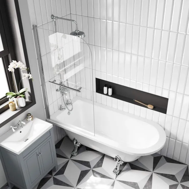 Abingdon 1700mm Roll Top Shower Bath - Chrome Claw Feet & 6mm Easy Clean Screen With Rail