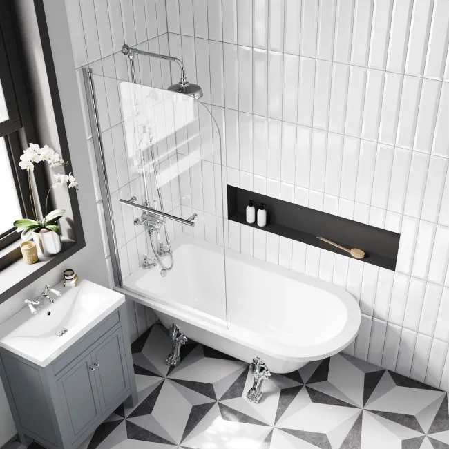 Abingdon 1500mm Roll Top Shower Bath - Chrome Claw Feet & 6mm Easy Clean Screen With Rail