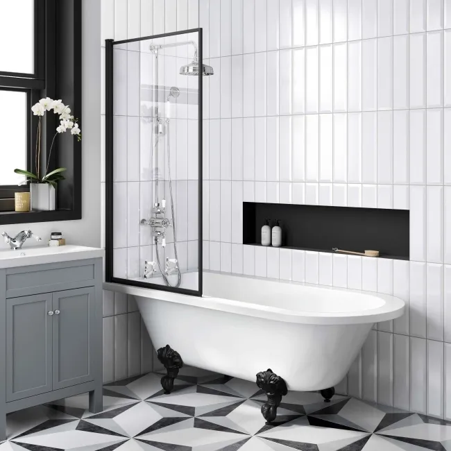 Abingdon 1700 Roll Top Shower Bath - Black Ball Feet & 6mm Easy Clean Matt Black Framed Screen