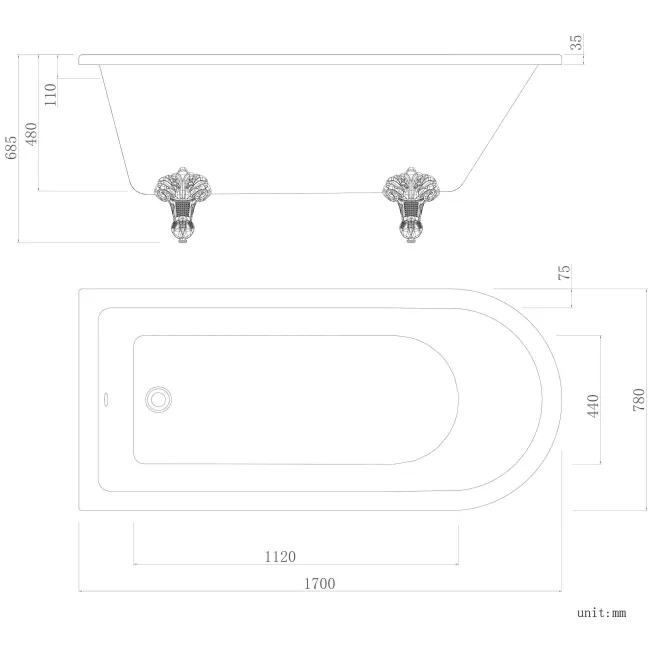 Abingdon 1700 Roll Top Shower Bath - White Ball Feet & 6mm Easy Clean Matt Black Framed Screen