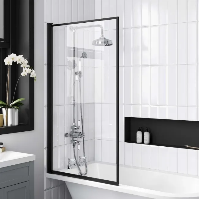 Abingdon 1500 Roll Top Shower Bath - Black Ball Feet & 6mm Easy Clean Matt Black Framed Screen