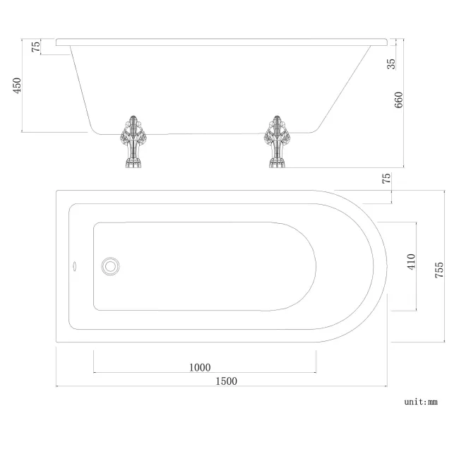 Abingdon 1500 Roll Top Shower Bath - White Claw Feet & 6mm Easy Clean Matt Black Grid Screen