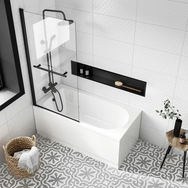 Stafford 1400x700 Shower Bath & 4mm Matt Black Screen with Rail