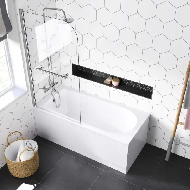 Stafford 1600x700 Round Shower Bath & 6mm Easy Clean Screen with Rail