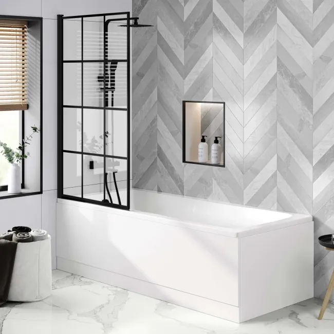 Hereford Square Shower Bath 1800x800 & 6mm Easy Clean Matt Black Grid Bath Screen