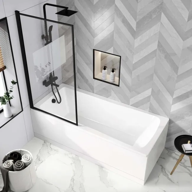 Hereford 1800x800 Square Shower Bath & 6mm Easy Clean Matt Black Framed Bath Screen