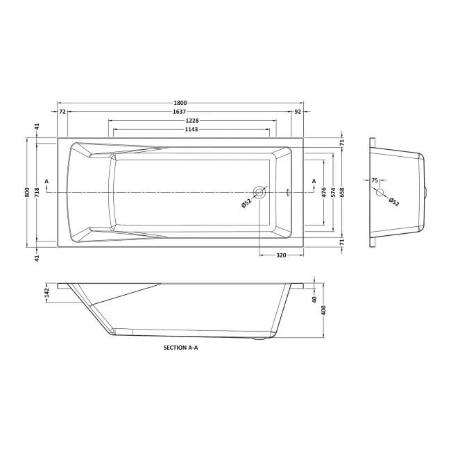 Hereford 1800x800 Square Shower Bath & 6mm Easy Clean Matt Black Framed Bath Screen