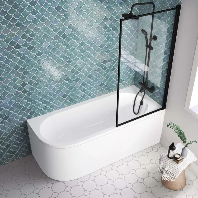 Oakham 1700 Space Saving Shower Bath & 6mm Easy Clean Matt Black Framed Bath Screen - Right Handed