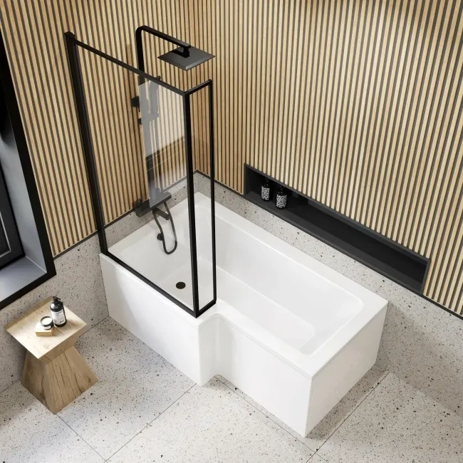 L Shaped 1600 Shower Bath with Front Panel & 6mm Easy Clean Matt Black Framed Bath Screen - Left Handed
