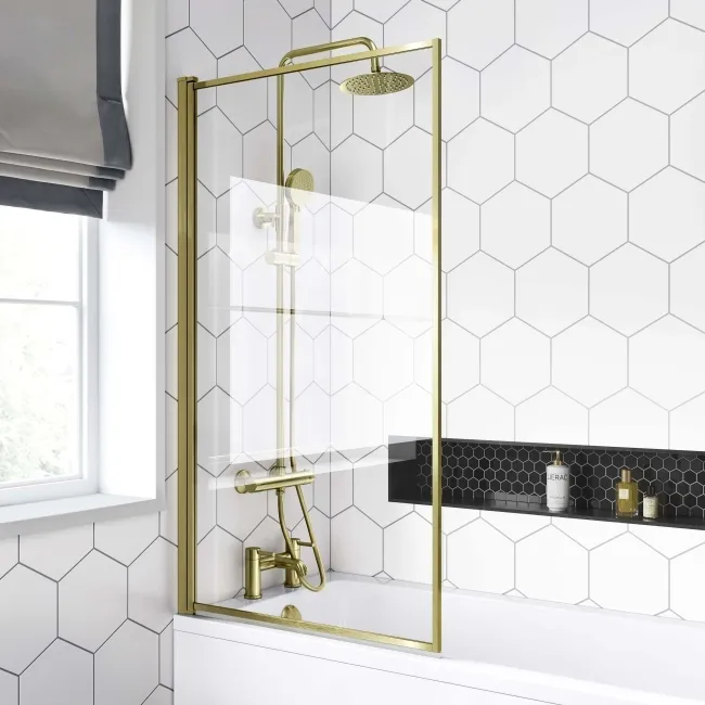 Stafford 1500x700 Round Shower Bath & 6mm Easy Clean Brushed Brass Framed Bath Screen