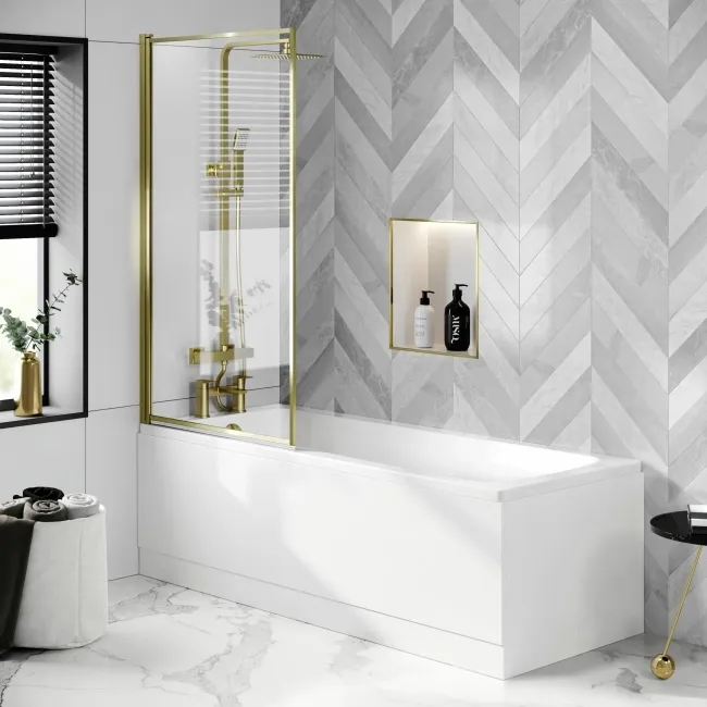 Hereford 1700x700 Square Shower Bath & 6mm Easy Clean Brushed Brass Framed Bath Screen