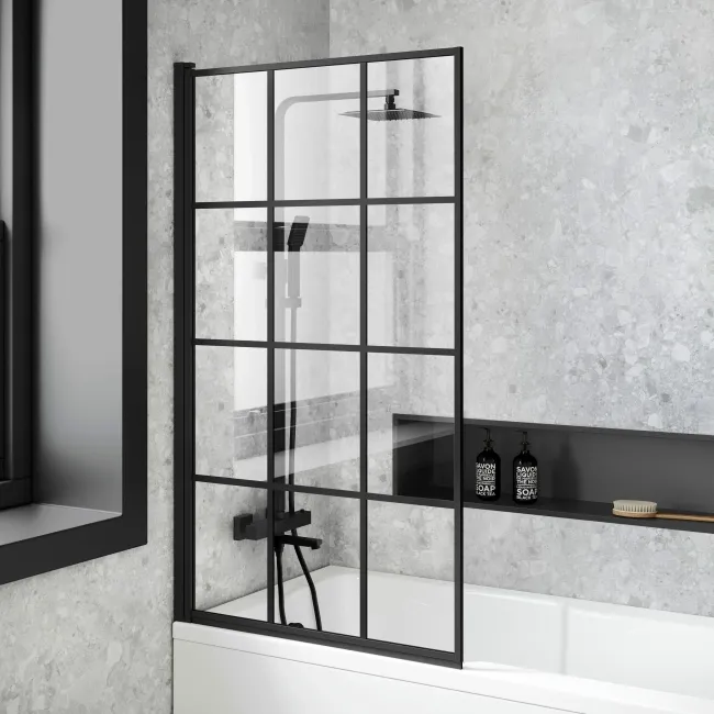 Dover 1700x750 Keyhole Shower Bath & 6mm Easy Clean Matt Black Grid Bath Screen