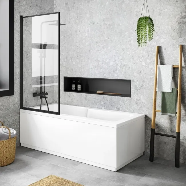 Dover 1700x750 Keyhole Shower Bath & 6mm Easy Clean Matt Black Framed Bath Screen