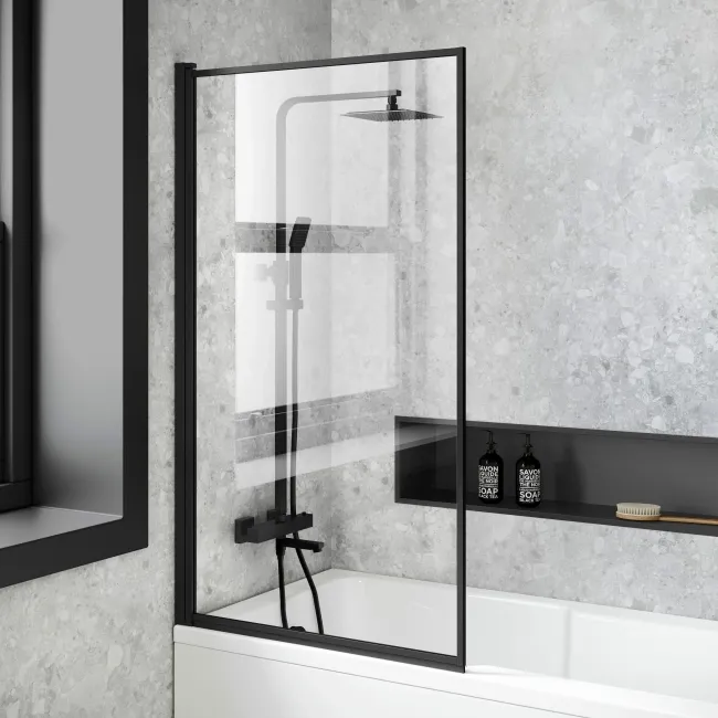 Dover 1700x750 Keyhole Shower Bath & 6mm Easy Clean Matt Black Framed Bath Screen