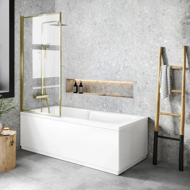 Dover 1700x750 Keyhole Shower Bath & 6mm Easy Clean Brushed Brass Framed Bath Screen