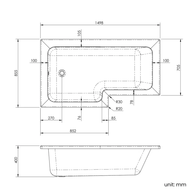 L Shaped 1500 Shower Bath with Front Panel & 6mm Easy Clean Brushed Brass Bath Screen - Left Handed