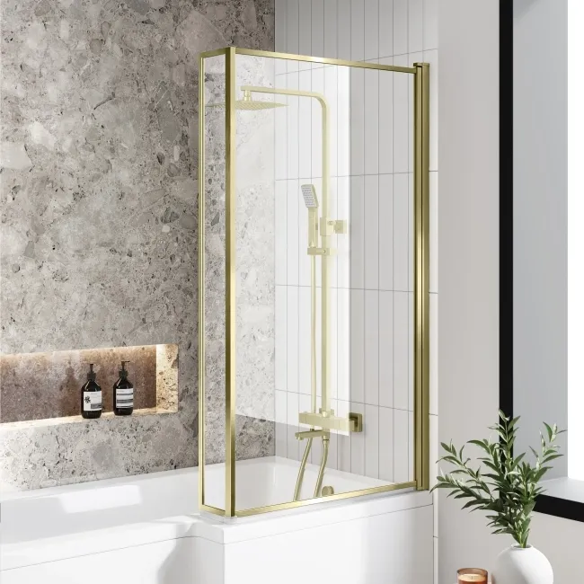L Shaped 1600 Shower Bath with Front Panel & 6mm Easy Clean Brushed Brass Bath Screen - Right Handed