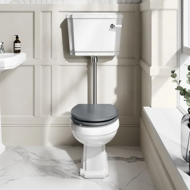 Hudson Traditional Low-Level Toilet With Dove Grey Seat & Pedestal Basin - Double Tap Hole