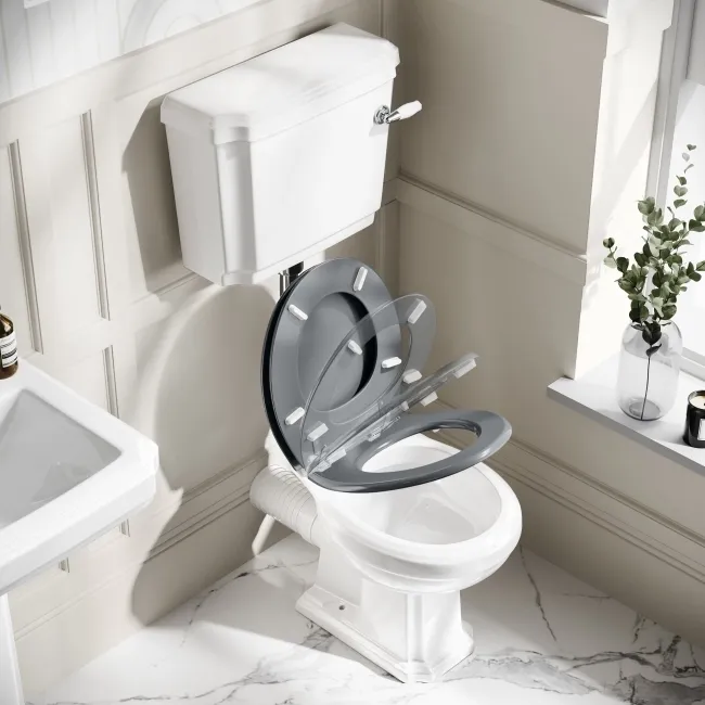Hudson Traditional Low-Level Toilet With Dove Grey Seat & Pedestal Basin - Double Tap Hole