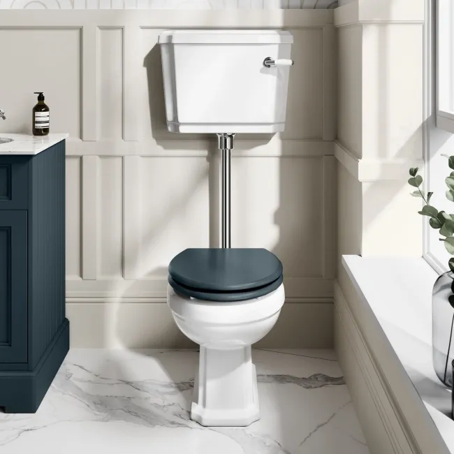 Hudson Traditional Toilet With Low-Level Cistern and Inky Blue Wooden Seat