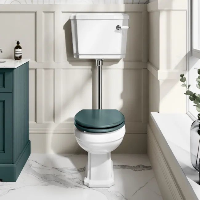Hudson Traditional Toilet With Low-Level Cistern and Midnight Green Wooden Seat