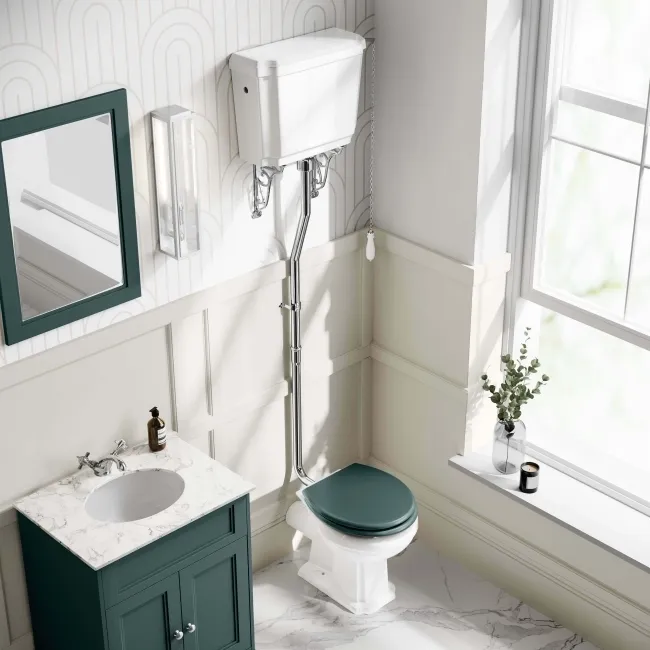 Hudson Traditional Toilet With High-Level Cistern and Midnight Green Wooden Seat