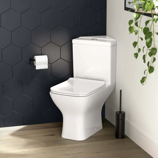 Atlanta Rimless Close Coupled Corner Toilet With Soft Close Slim Seat