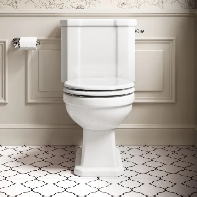Enid Traditional Close Coupled Toilet With Gloss White Wooden Seat & Pedestal Basin - Double Tap Hole