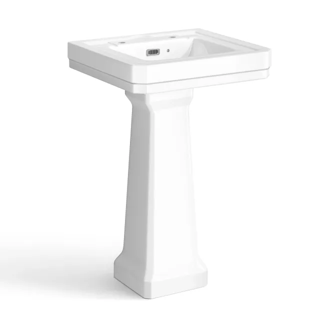 Enid Traditional Close Coupled Toilet With Gloss White Wooden Seat & Pedestal Basin - Double Tap Hole