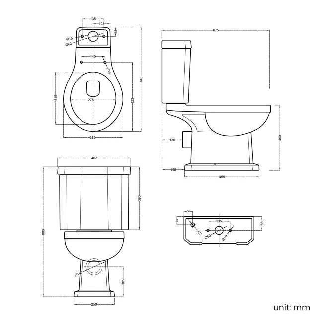 Enid Traditional Close Coupled Toilet With Gloss White Wooden Seat & Pedestal Basin - Double Tap Hole
