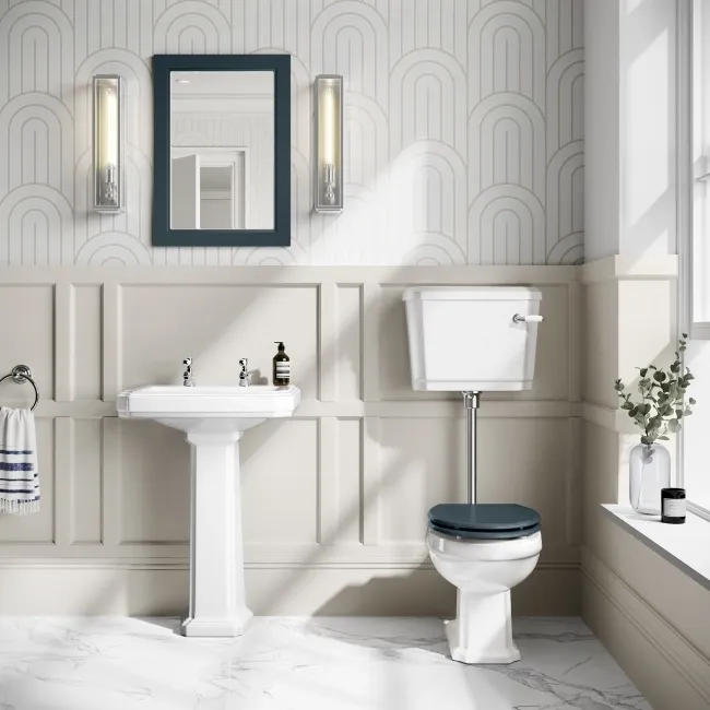 Hudson Traditional Low-Level Toilet With Inky Blue Seat & Pedestal Basin - Double Tap Hole