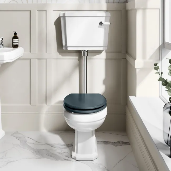 Hudson Traditional Low-Level Toilet With Inky Blue Seat & Pedestal Basin - Double Tap Hole