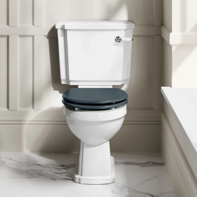 Hudson Traditional Toilet With Inky Blue Seat & Pedestal Basin Set - Double Tap Hole