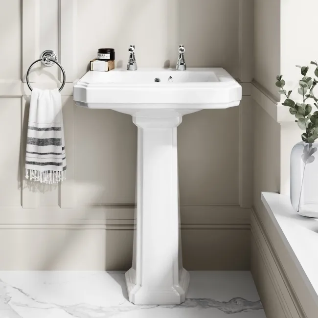 Hudson Traditional Toilet With Midnight Green Seat & Pedestal Basin Set - Double Tap Hole