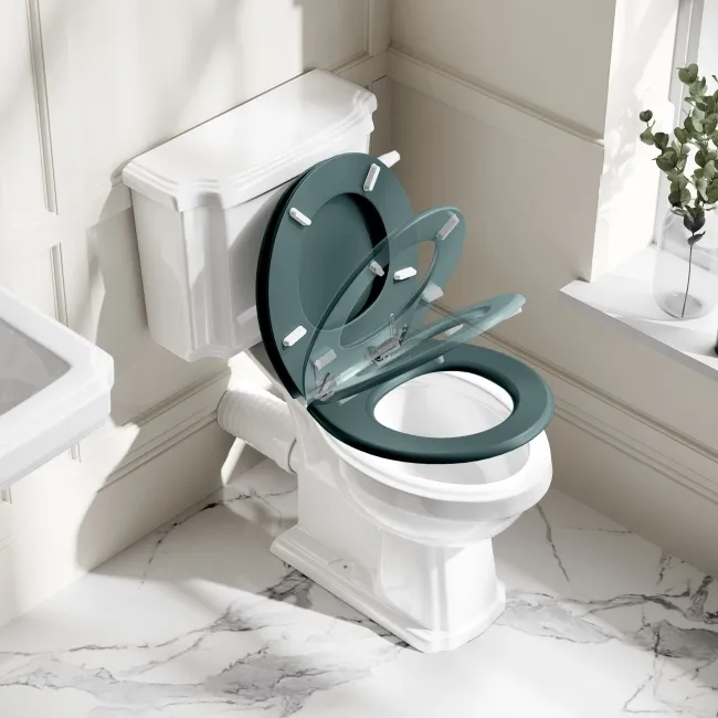 Hudson Traditional Toilet With Midnight Green Seat & Pedestal Basin Set - Double Tap Hole