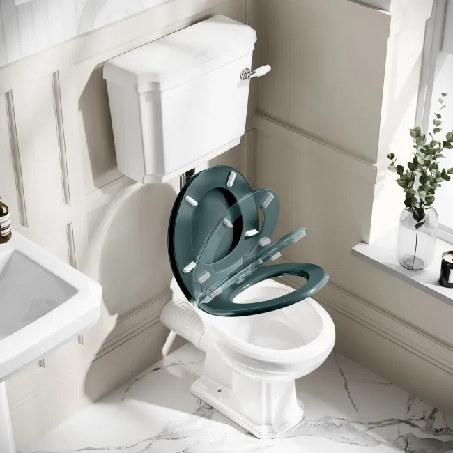Hudson Traditional Low-Level Toilet With Midnight Green Seat & Pedestal Basin - Double Tap Hole