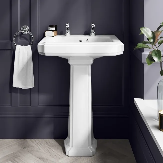 Hudson Traditional Toilet With Cashmere Pink Seat & Pedestal Basin Set - Double Tap Hole