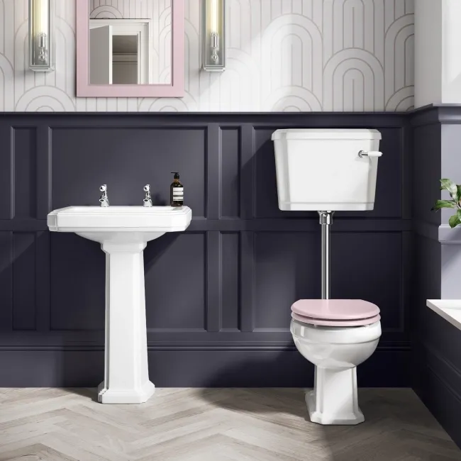 Hudson Traditional Low-Level Toilet With Cashmere Pink Seat & Pedestal Basin - Double Tap Hole