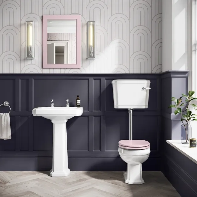 Hudson Traditional Low-Level Toilet With Cashmere Pink Seat & Pedestal Basin - Double Tap Hole