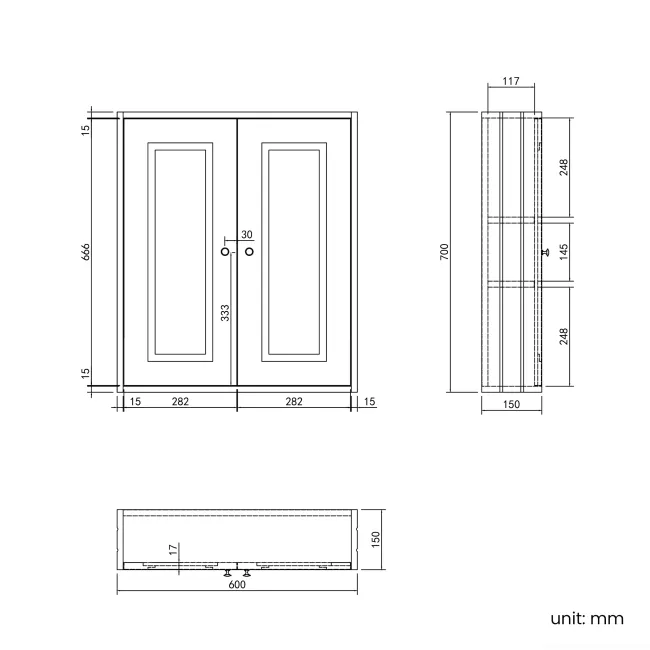 Midnight Green Wall Hung Cabinet 700x600mm - Brushed Brass Accents