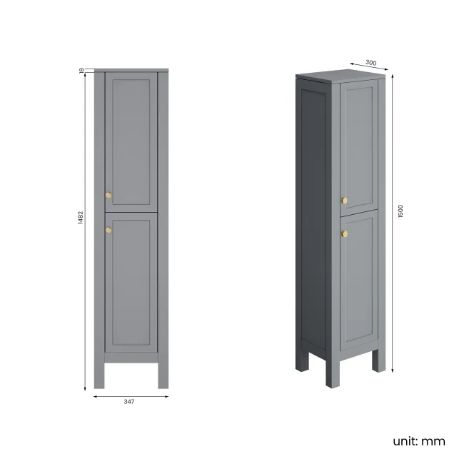 Bermuda Dove Grey Floor Standing Tall Cabinet 1500x350mm - Brushed Brass Accents