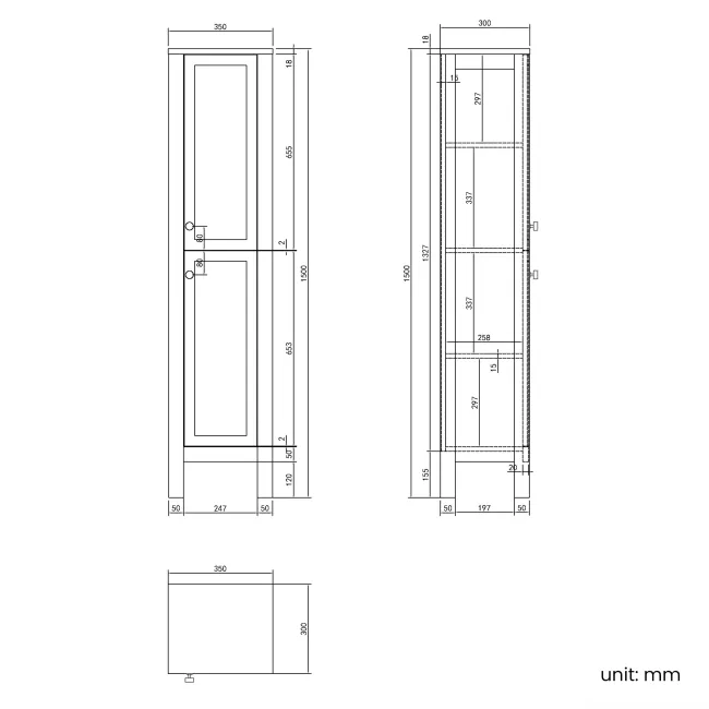 Bermuda Dove Grey Floor Standing Tall Cabinet 1500x350mm - Brushed Brass Accents