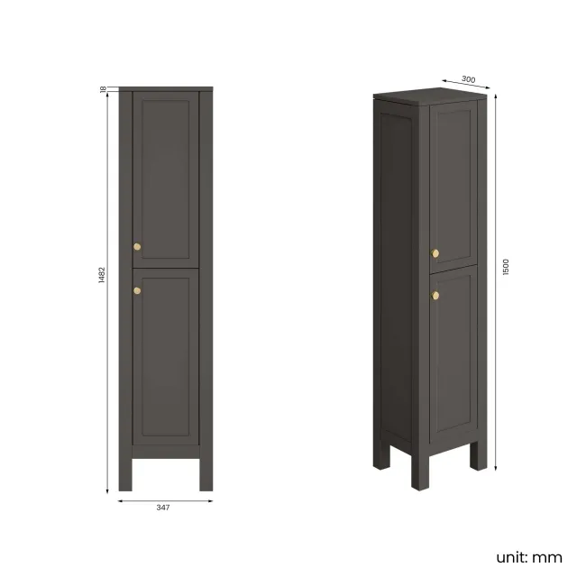 Bermuda Graphite Grey Floor Standing Tall Cabinet 1500x350mm - Brushed Brass Accents