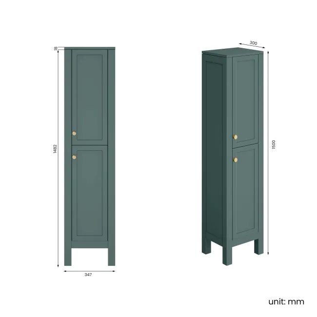 Bermuda Midnight Green Floor Standing Tall Cabinet 1500x350mm - Brushed Brass Accents