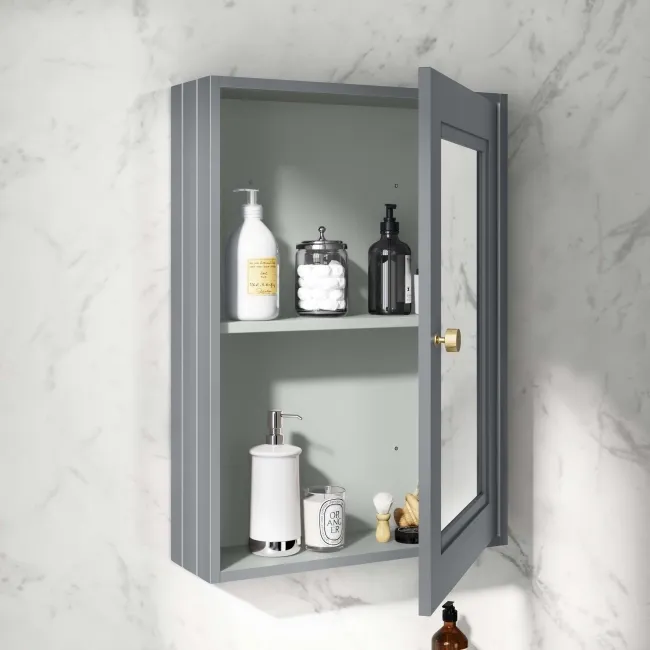 Dove Grey Mirror Cabinet 700x500mm - Brushed Brass Accents