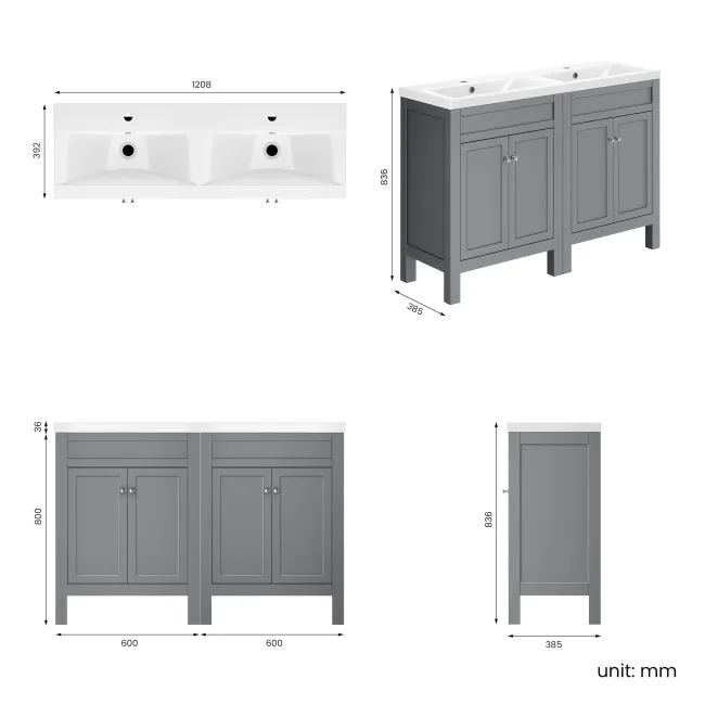 Bermuda Dove Grey Double Basin Vanity 1200mm